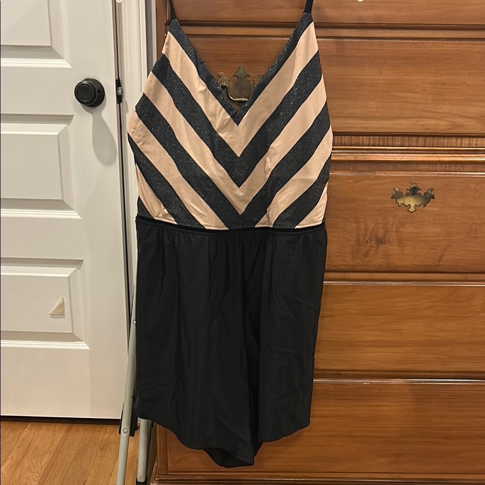 Striped Black and Beige Bathing Suit Romper
